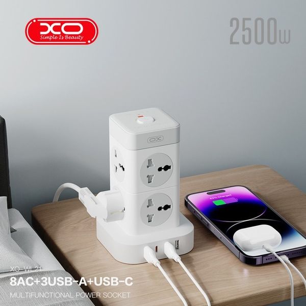 Мережевий фільтр XO WL21 Tower Shaped 8AC 250V 2М 3USB Type-C Переносний подовжувач з кнопкою вимкнення з портами для кабелів для заряджання пристроїв Білий