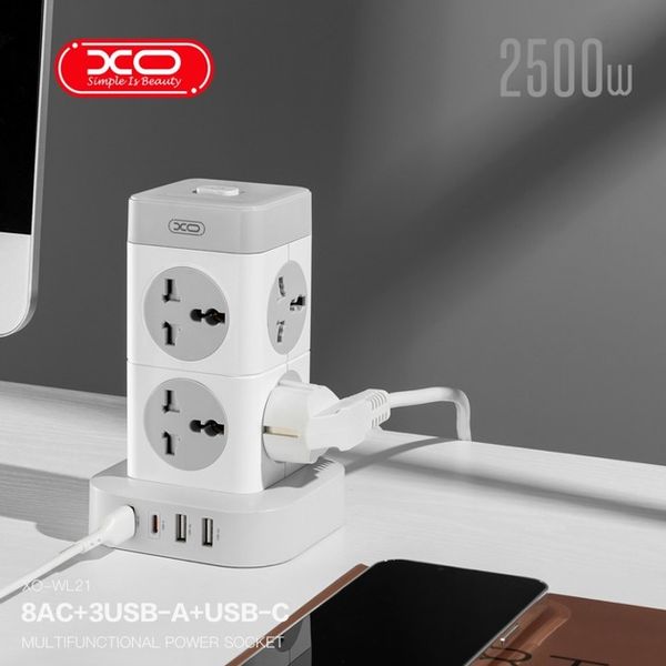 Мережевий фільтр XO WL21 Tower Shaped 8AC 250V 2М 3USB Type-C Переносний подовжувач з кнопкою вимкнення з портами для кабелів для заряджання пристроїв Білий